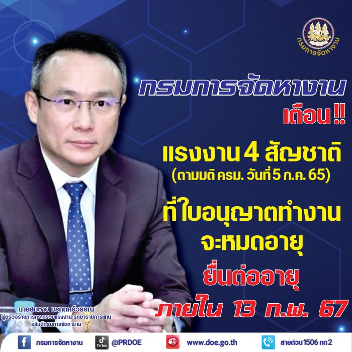 กรมการจัดหางาน แนะแรงงาน 4 สัญชาติ ที่ใบอนุญาตทำงานจะหมดอายุ ภายใน 13 ก.พ. 67 เร่งต่ออายุใบอนุญาตทำงาน