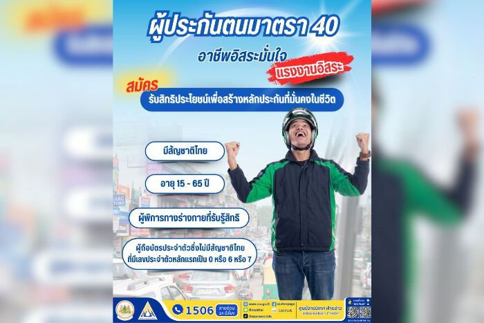 อาชีพอิสระมั่นใจ “ประกันสังคมมาตรา 40” ครอบคลุมความคุ้มครอง ยอดสมัครพุ่งทะลุ 11 ล้านคน ชวนแรงงานอิสระรุ่นใหม่ อายุ 15 ปีขึ้นไป สมัครรับสิทธิประโยชน์เพื่อสร้างหลักประกันที่มั่นคงในชีวิต