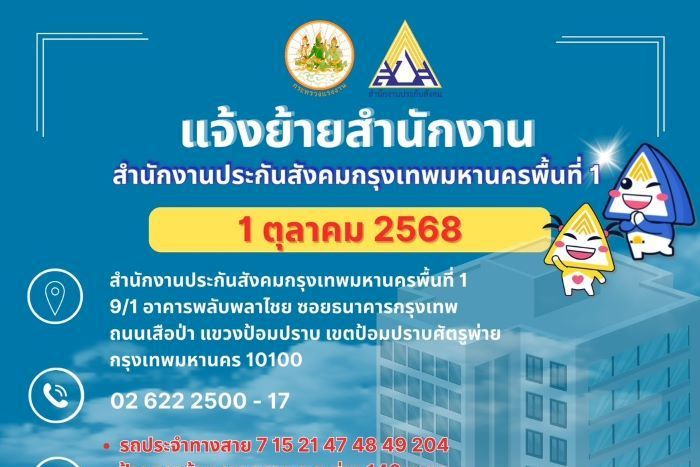 สำนักงานประกันสังคมกรุงเทพมหานครพื้นที่ 1 แจ้งย้ายที่ทำการใหม่ “ชั้น 5 อาคารพลับพลาไชย ตั้งแต่ 1 ตุลาคม 2568” เพื่อเพิ่มประสิทธิภาพการให้บริการ