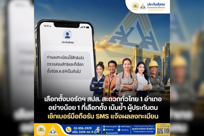 เลือกตั้งบอร์ดฯ สปส. สะดวกทั่วไทย 1 อำเภอ อย่างน้อย 1 ที่เลือกตั้ง เน้นย้ำ ผู้ประกันตนเช็กเบอร์มือถือรับ SMS แจ้งผลลงทะเบียน